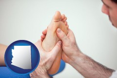 arizona map icon and a podiatrist practicing reflexology on a human foot