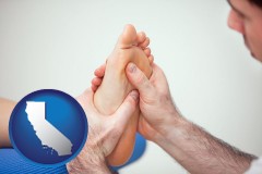 california map icon and a podiatrist practicing reflexology on a human foot