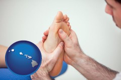 hawaii map icon and a podiatrist practicing reflexology on a human foot