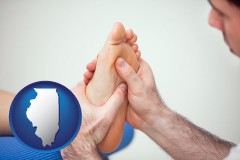 a podiatrist practicing reflexology on a human foot - with IL icon
