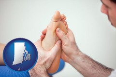 rhode-island map icon and a podiatrist practicing reflexology on a human foot