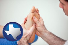 texas map icon and a podiatrist practicing reflexology on a human foot