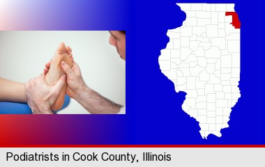 a podiatrist practicing reflexology on a human foot; Cook County highlighted in red on a map