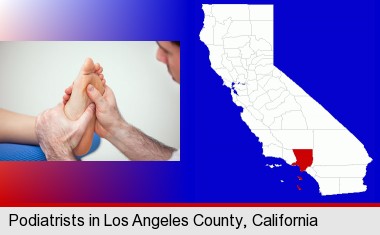 a podiatrist practicing reflexology on a human foot; Los Angeles County highlighted in red on a map
