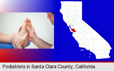 a podiatrist practicing reflexology on a human foot; Santa Clara County highlighted in red on a map