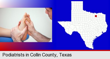 a podiatrist practicing reflexology on a human foot; Collin County highlighted in red on a map