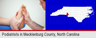 a podiatrist practicing reflexology on a human foot; Mecklenburg County highlighted in red on a map