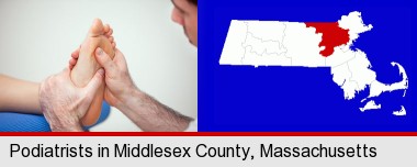 a podiatrist practicing reflexology on a human foot; Middlesex County highlighted in red on a map