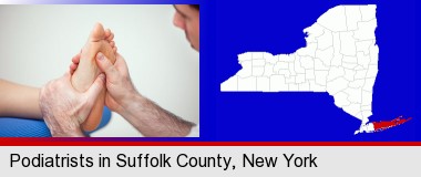 a podiatrist practicing reflexology on a human foot; Suffolk County highlighted in red on a map