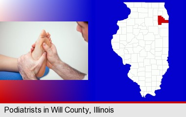 a podiatrist practicing reflexology on a human foot; Will County highlighted in red on a map